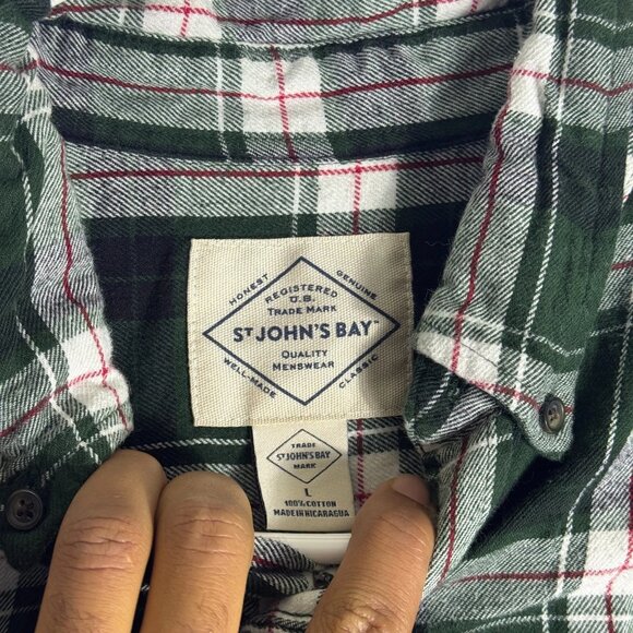 St Johns Bay Button Up Flannel Shirt Mens Green White Plaid Classic Size L - Picture 11 of 14